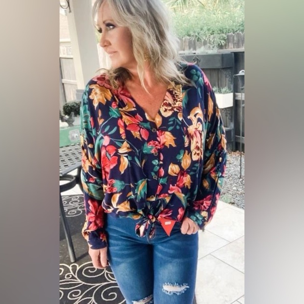 Umgee Jewel Toned Floral Button Front Tie Long Sleeve Blouse Size S